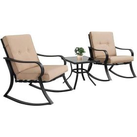 3-Piece Outdoor Patio Furniture Table Rocking Chairs Set with Cushions (Color: Beige)